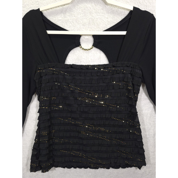 I.N. Studio Gold Embellished Top Ruffled Square Neck Woman SP Black Festive Glam - Picture 3 of 13